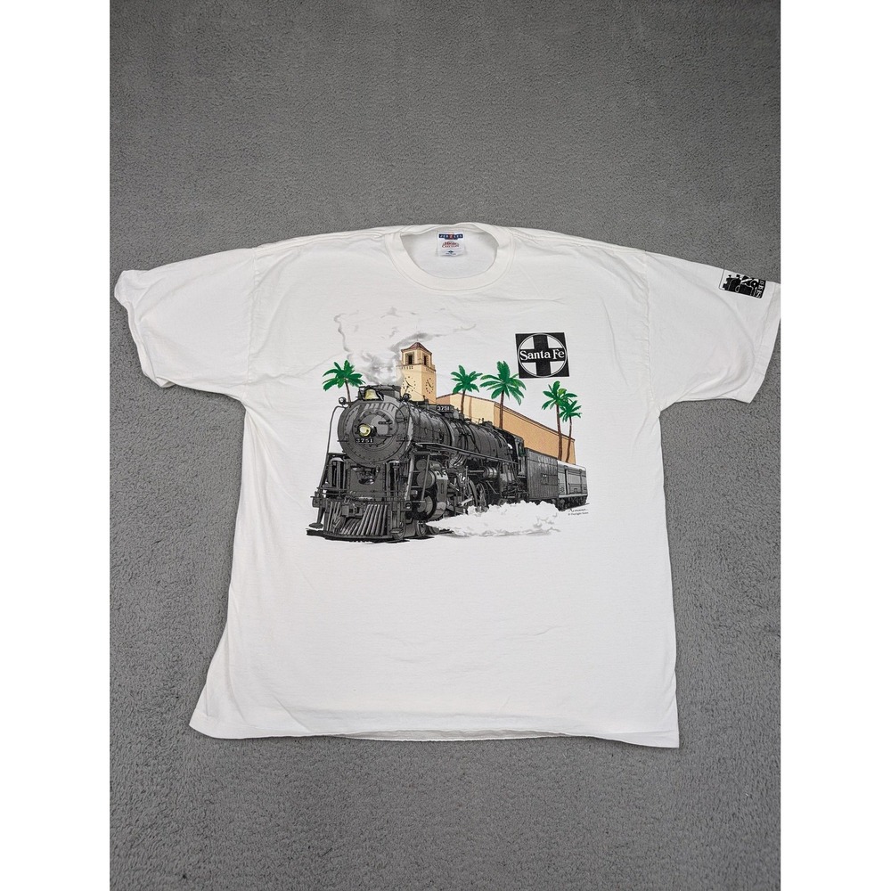 Vintage Santa Fe Train‎ Shirt Mens Large White Graphic Locomotive Railroad 90s